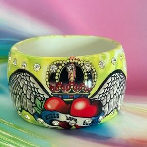 ED HARDY Bracelet Cuff Y2K Love Kills Slowly Acrylic Rhinestones